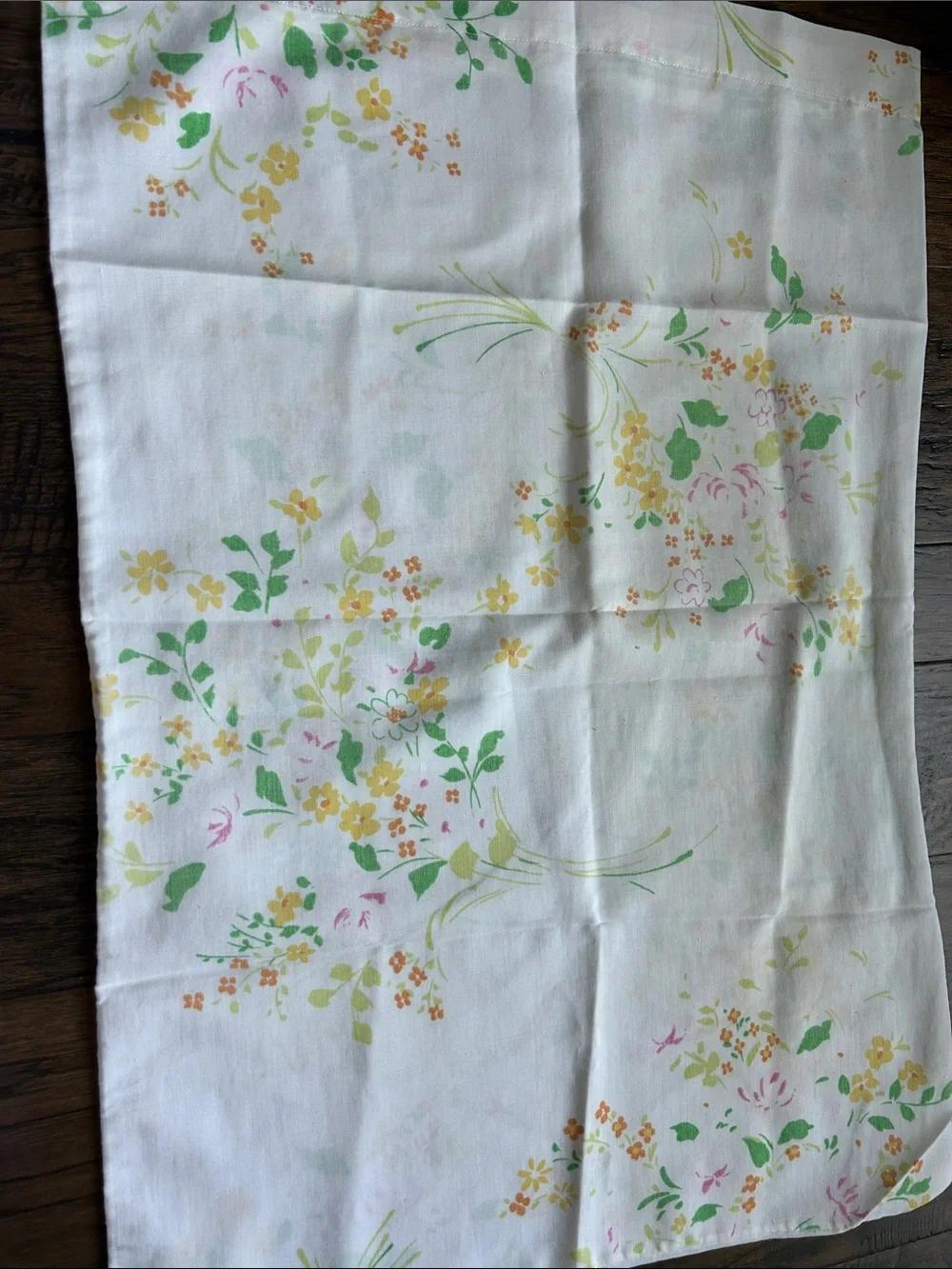 Vintage Floral Pillowcase in White with Yellow, Green, and Pink Accents